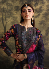 BrandsInn-3PC SHAMOZE SILK PRINTED EMBROIDERED SHIRT WITH SOFT SILK PRINTED EMB DUPATTA & EMB TROUSER-BI-1725